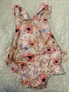 Posh Peanut Pink Floral & Bunny One-Piece Romper